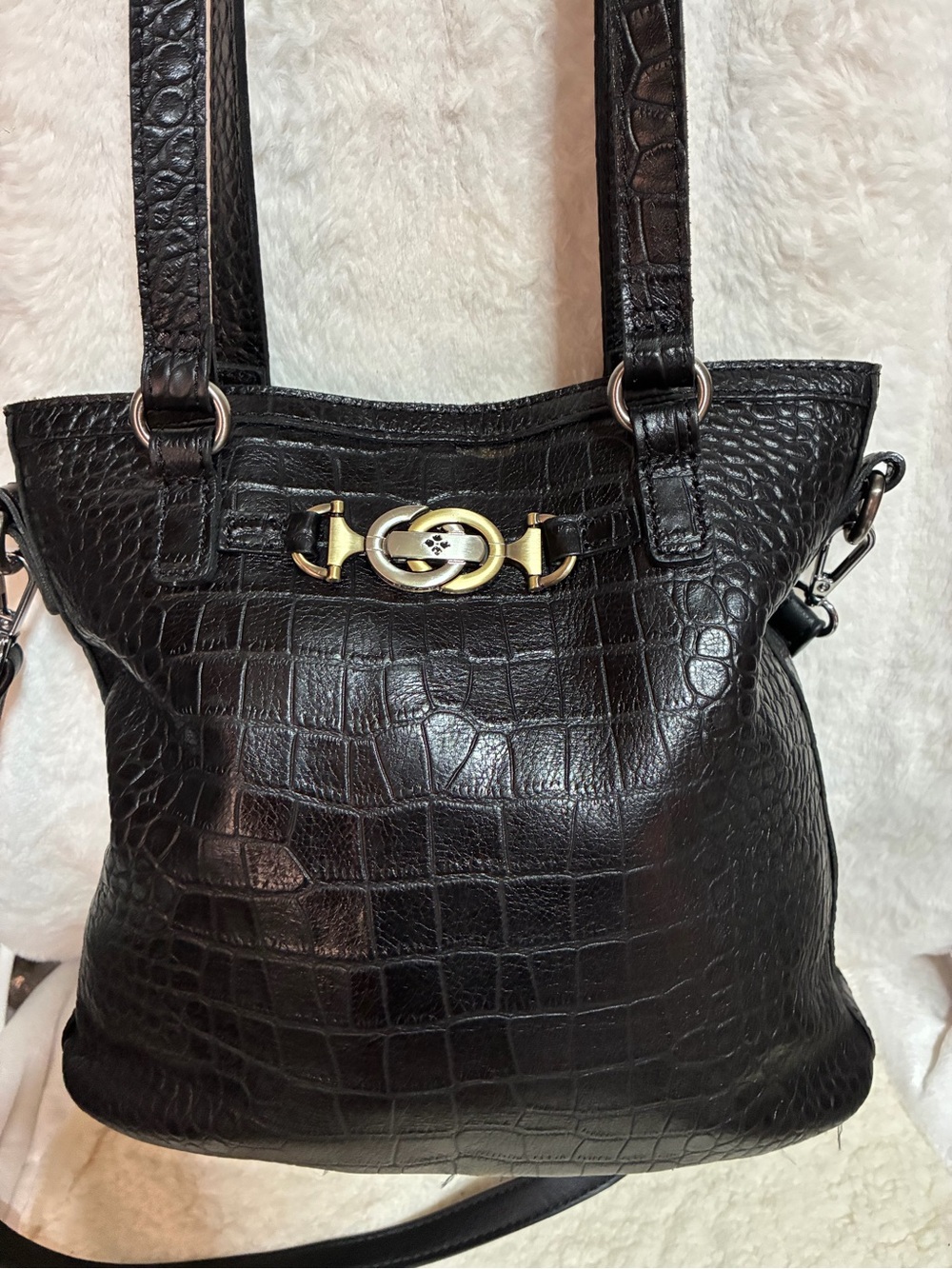 Patricia Nash Black Croc-Embossed Shoulder Bag with Gold Hardware